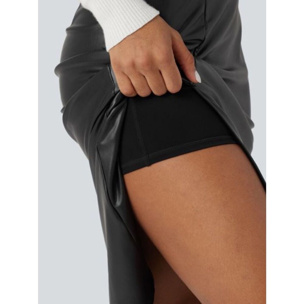 NWT Halara High Waisted Tummy Control 2-in-1 Midi Casual faux Leather Skirt - Picture 2 of 9
